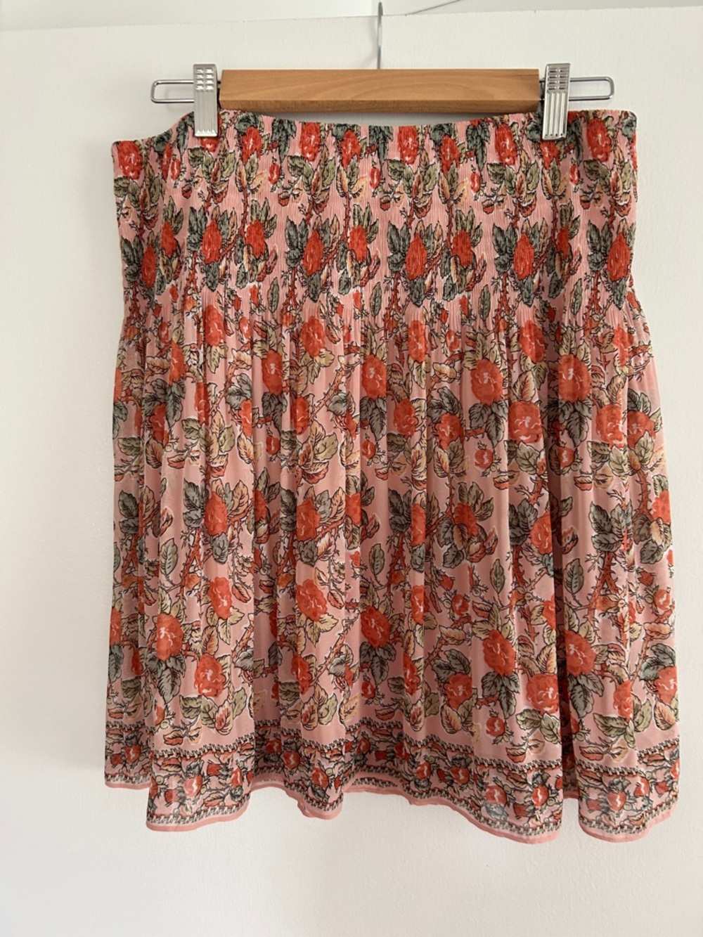 Max Studio Pink Mini Skirt with Coral Floral Print and Green Leaves